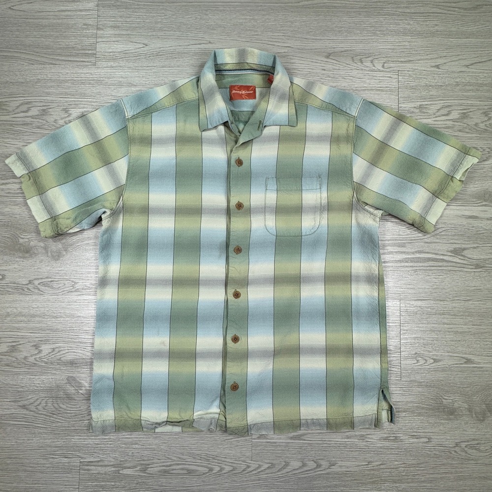 Tommy Bahama Mens Button Front Shirt Plaid Silk Green Blue Medium Short Sleeve